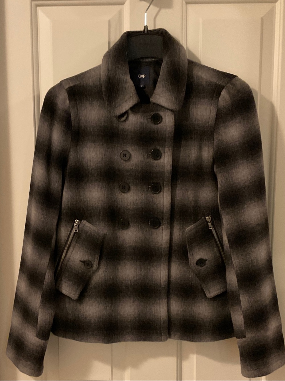 GAP Black & Gray Plaid Double-Breasted Pea Coat Wool, Size